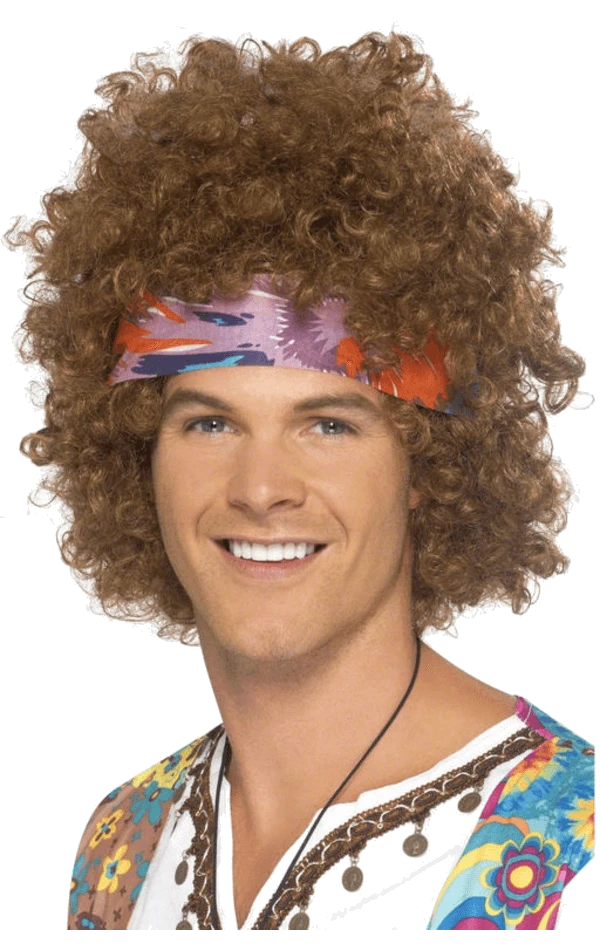 Smiffys Brown Hippy Afro With Headscarf 1 Smiffys Brown Hippy Afro With Headscarf