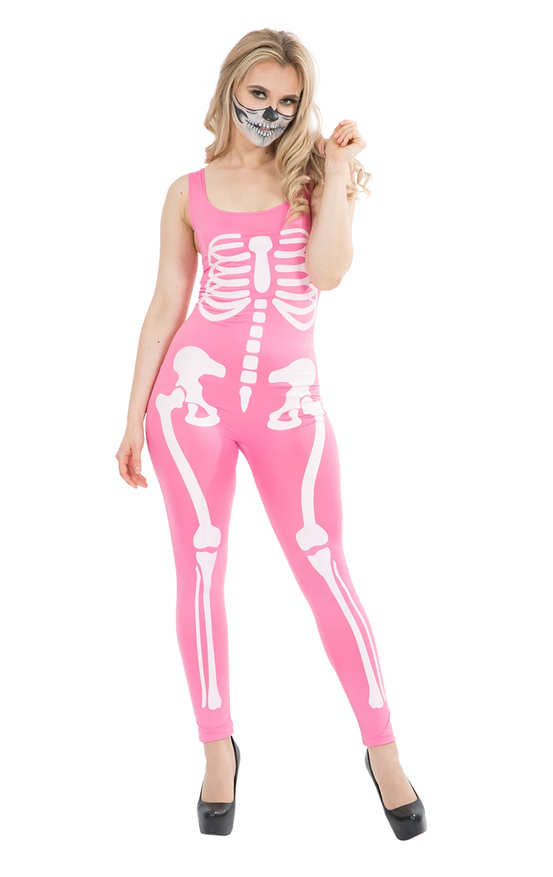 Womens Pink Skeleton Jumpsuit Costume 1 Womens Pink Skeleton Jumpsuit Costume