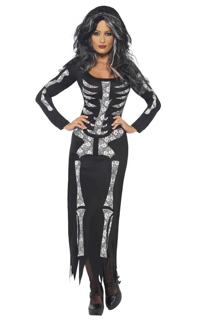 Smiffys Womens Skeleton Maxi Dress Costume 1 Smiffys Womens Skeleton Maxi Dress Costume